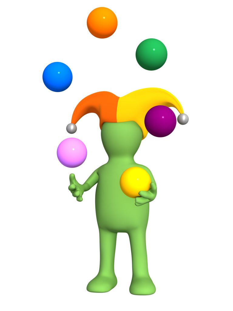 3d clown - puppet, juggling with color balls