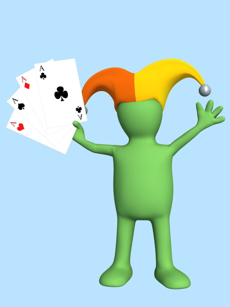 3d joker - puppet, holding in a hand four aces