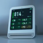 Air quality monitor shows levels of pollutants.