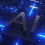 Ai text with glowing blue circuits and lights