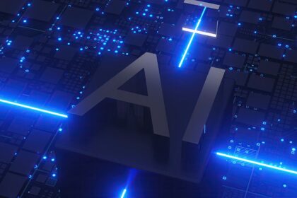 Ai text with glowing blue circuits and lights