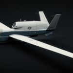 A white and blue model of a plane on a black background
