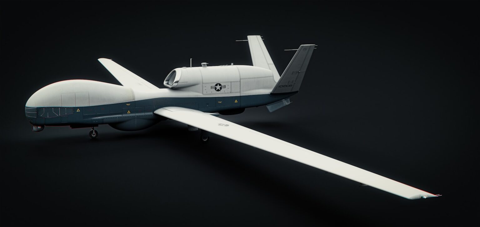 A white and blue model of a plane on a black background