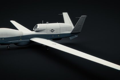 A white and blue model of a plane on a black background