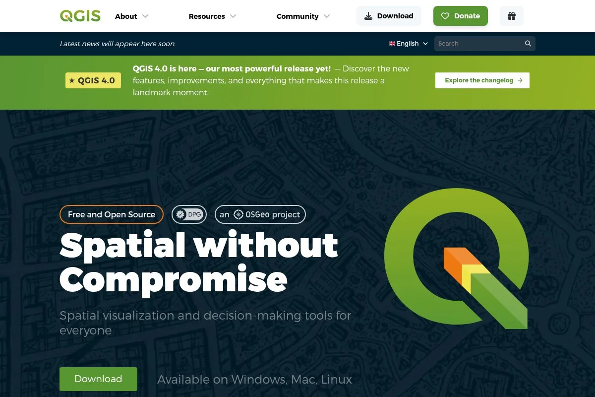 Screenshot of QGIS homepage