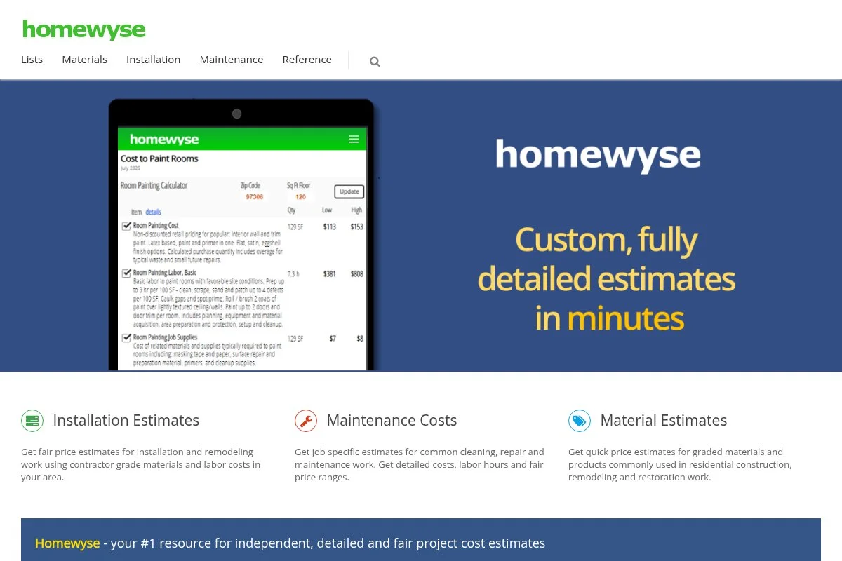 Screenshot of Homewyse homepage