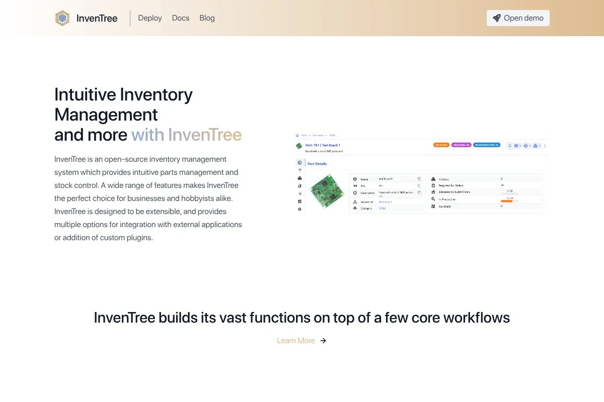 Screenshot of InvenTree homepage