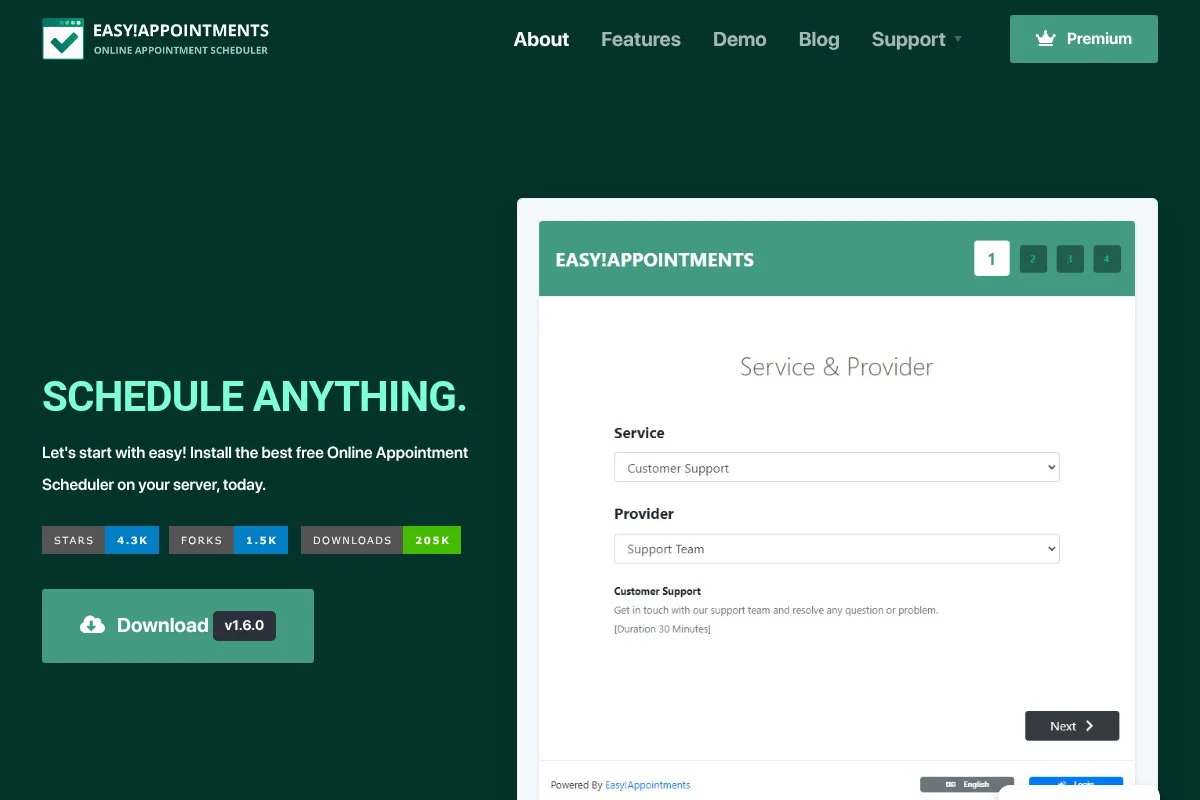 Screenshot of Easy!Appointments homepage