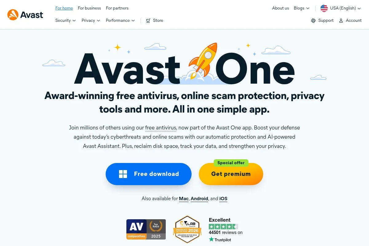 Screenshot of Avast Free Antivirus homepage