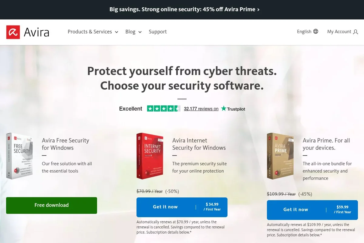 Screenshot of Avira Free Security homepage