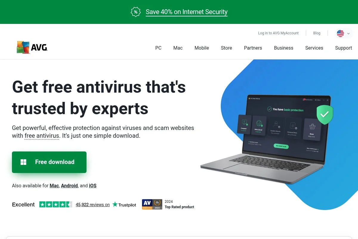 Screenshot of AVG AntiVirus Free homepage