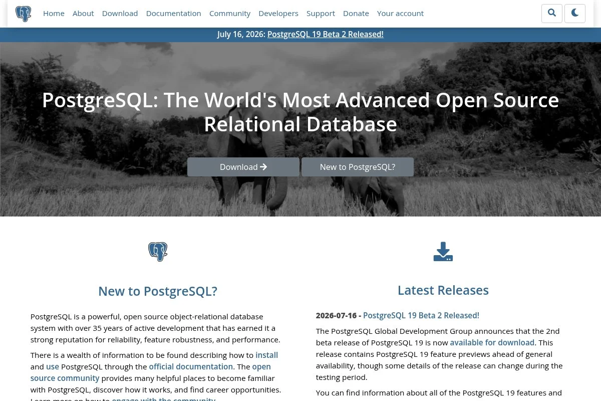 Screenshot of PostgreSQL homepage