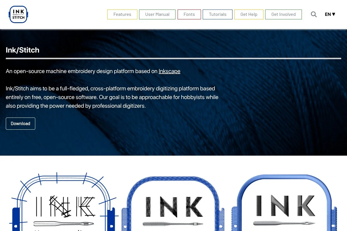 Screenshot of Ink/Stitch homepage