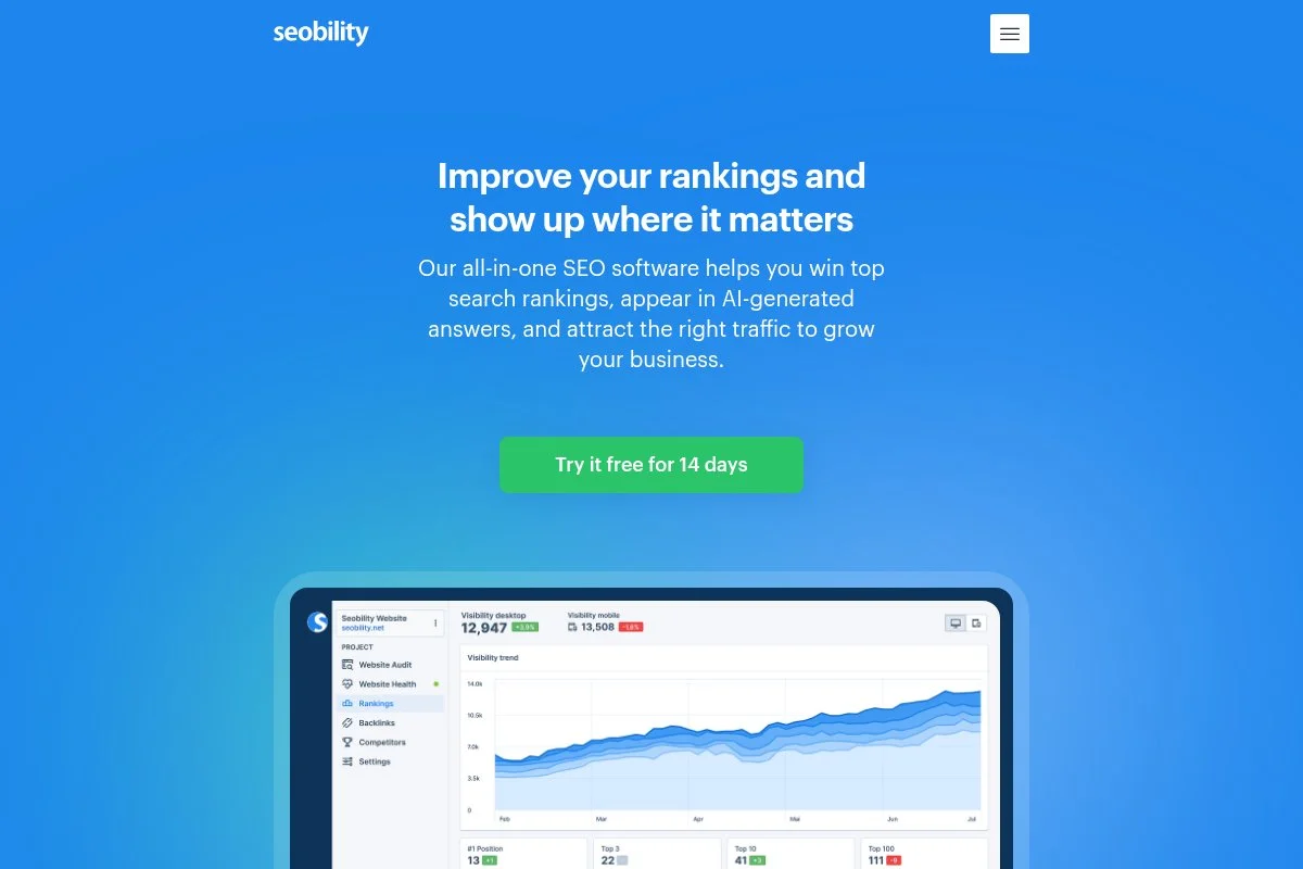 Screenshot of Seobility homepage