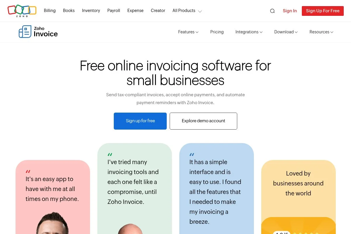 Screenshot of Zoho Invoice homepage