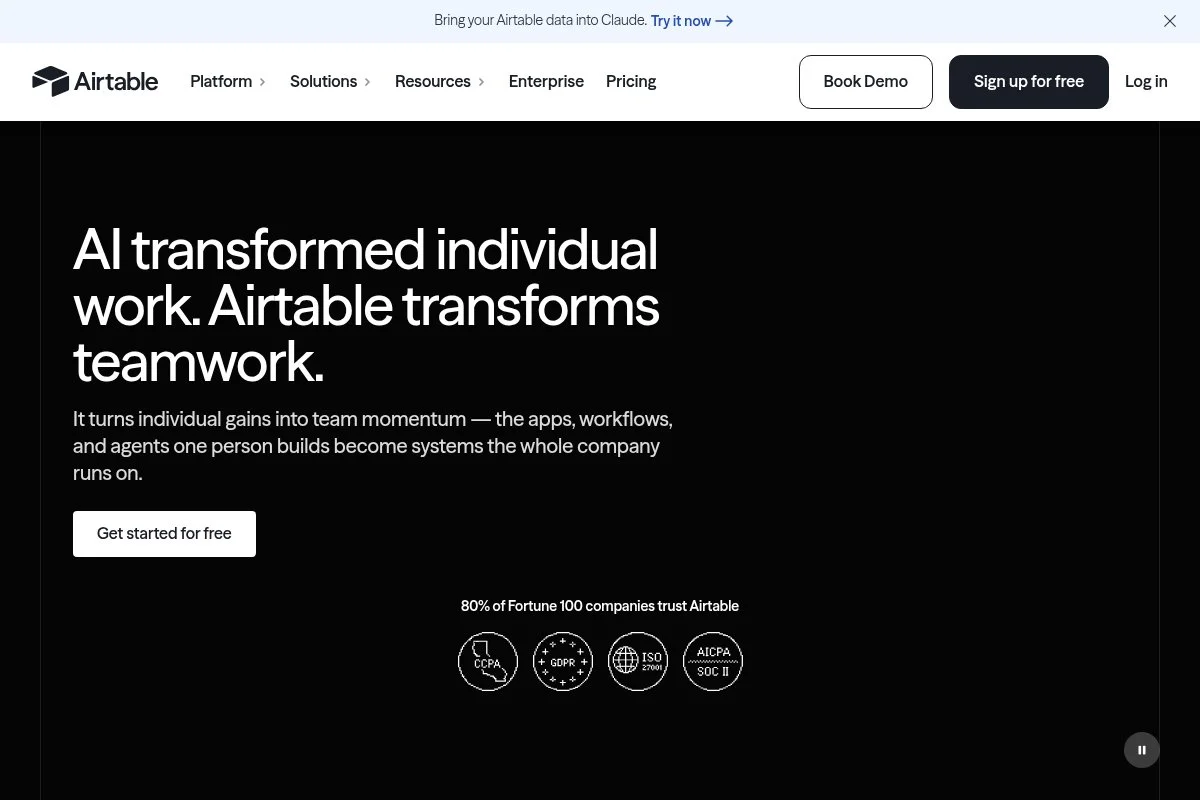 Screenshot of Airtable homepage