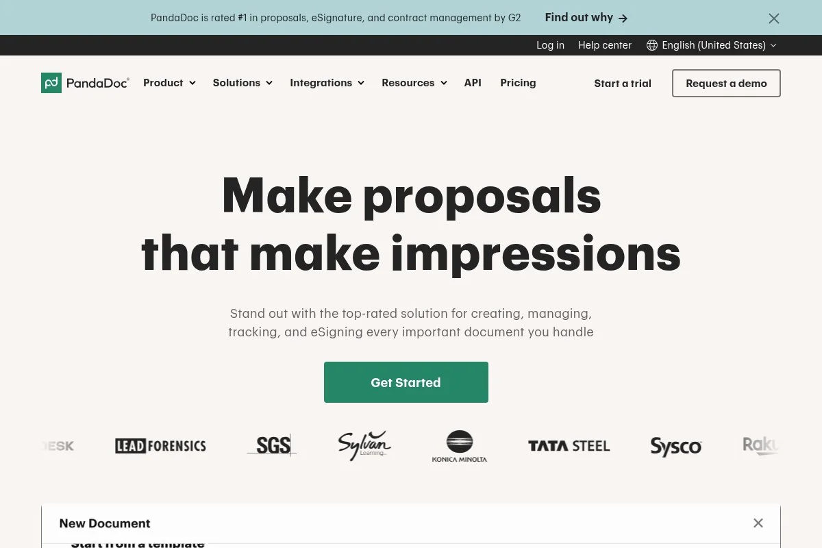 Screenshot of PandaDoc homepage