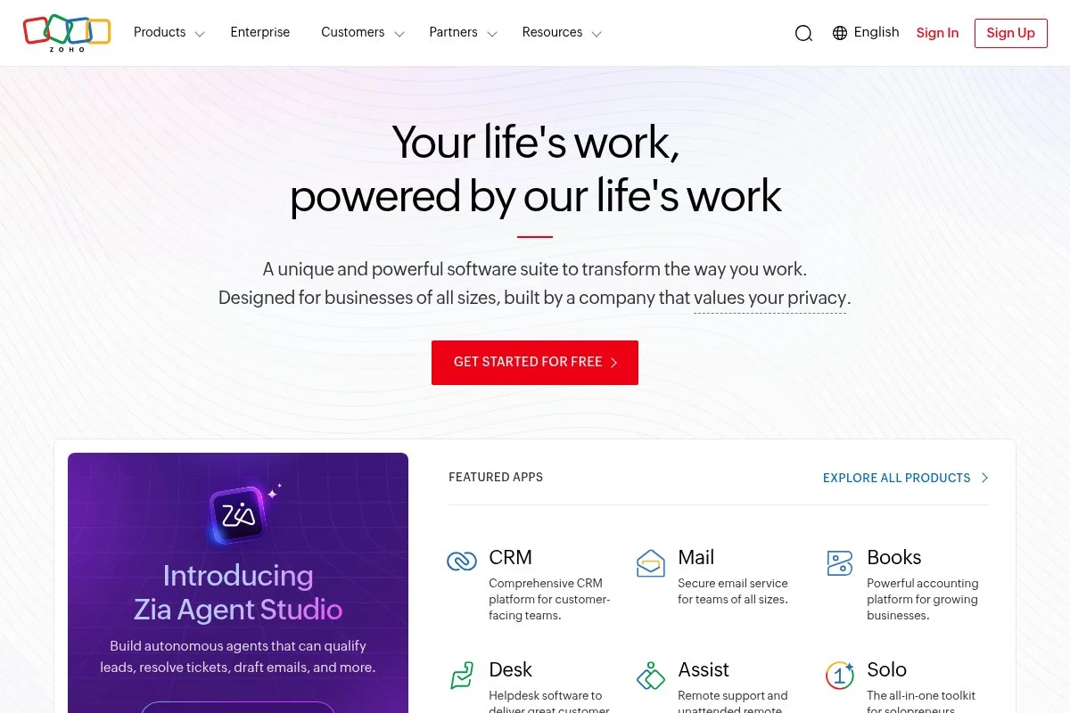 Screenshot of Zoho Sign homepage