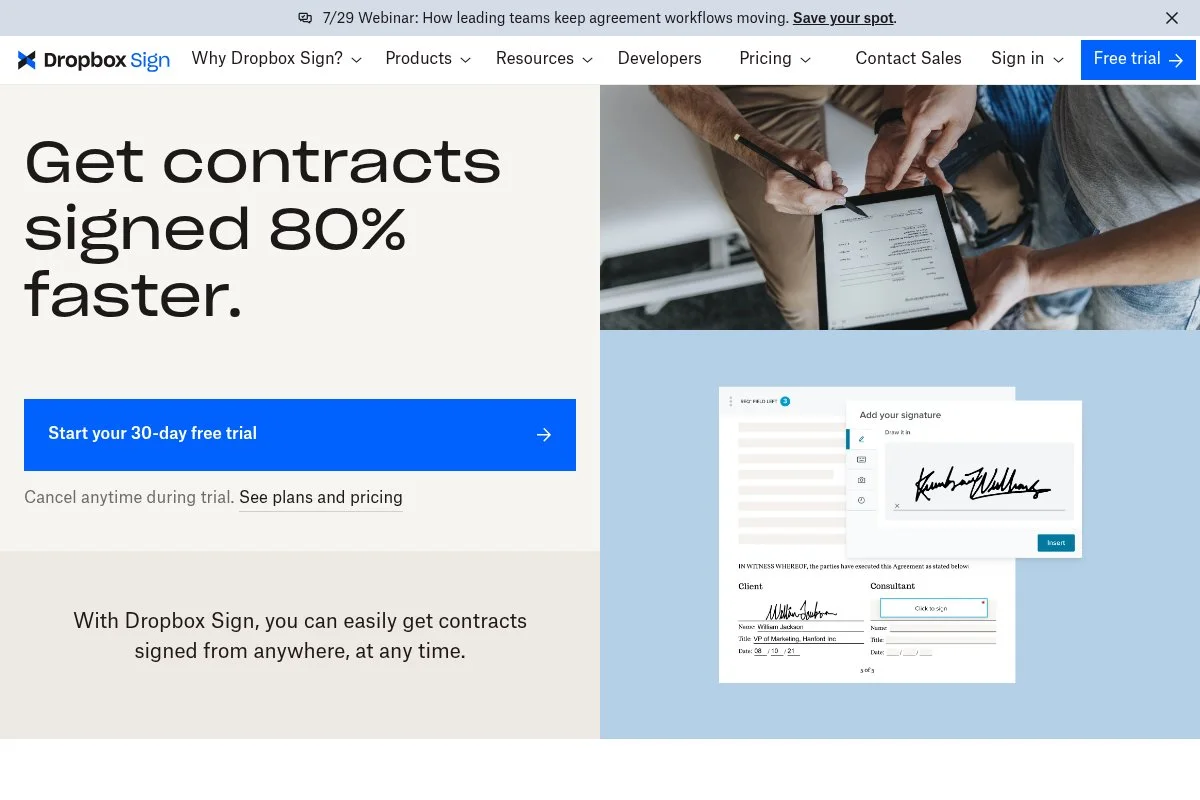 Screenshot of Dropbox Sign homepage