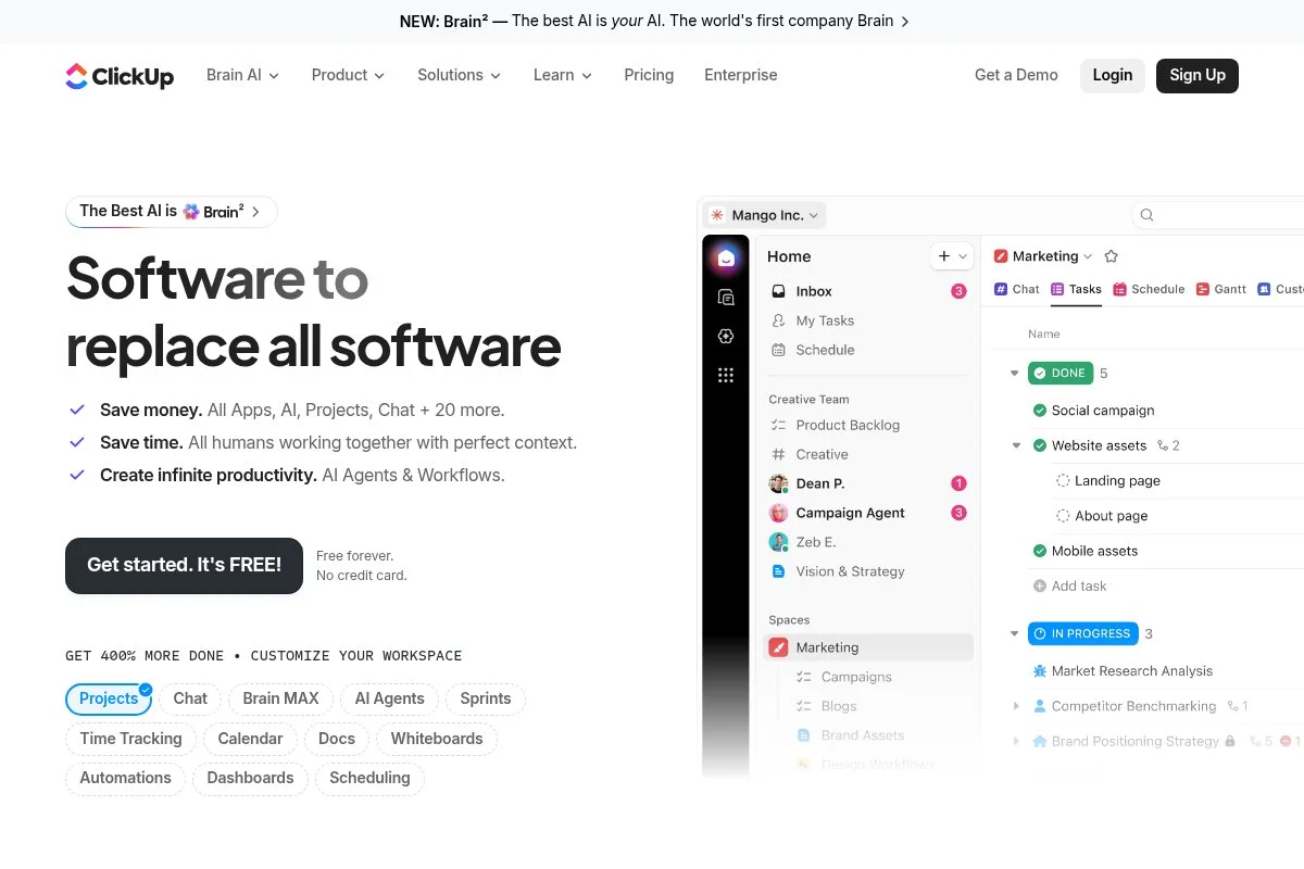 Screenshot of ClickUp homepage