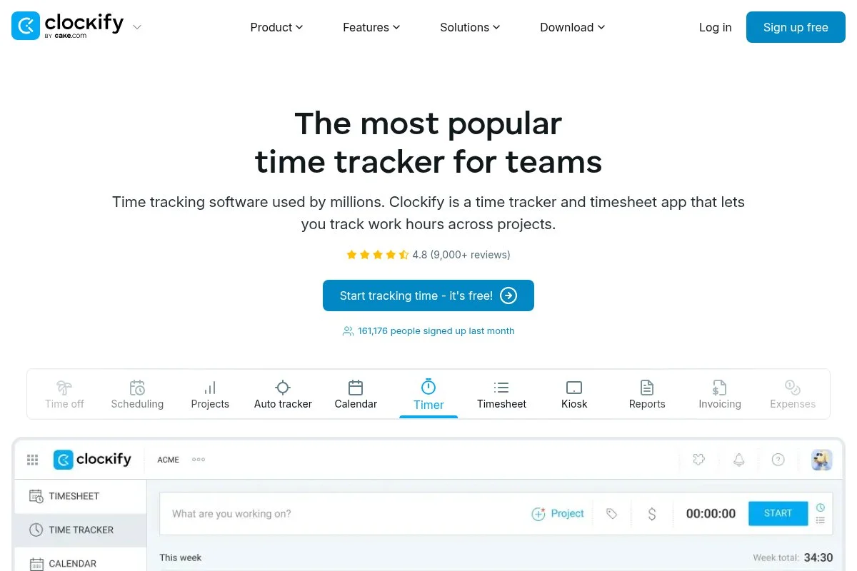 Screenshot of Clockify homepage