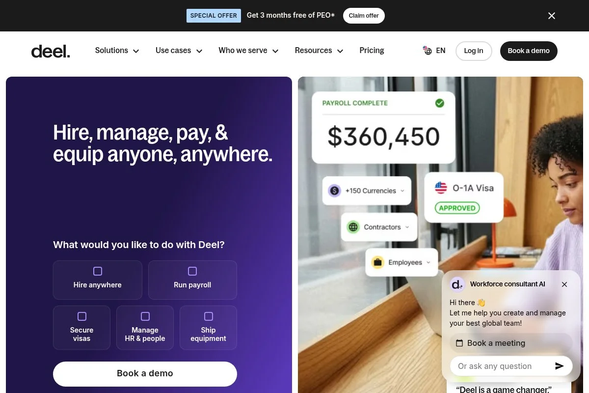 Screenshot of Deel HR homepage