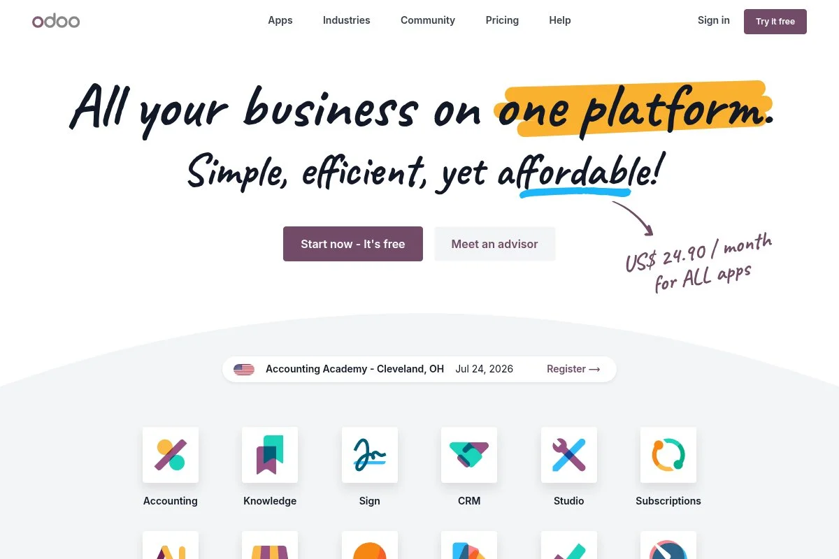 Screenshot of Odoo homepage