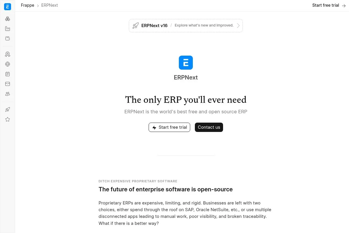 Screenshot of ERPNext homepage
