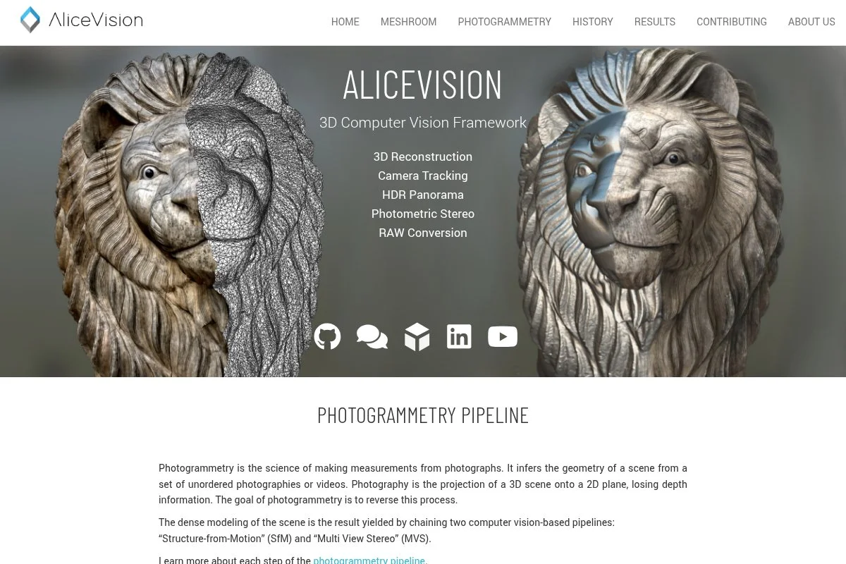 Screenshot of Meshroom (AliceVision) homepage