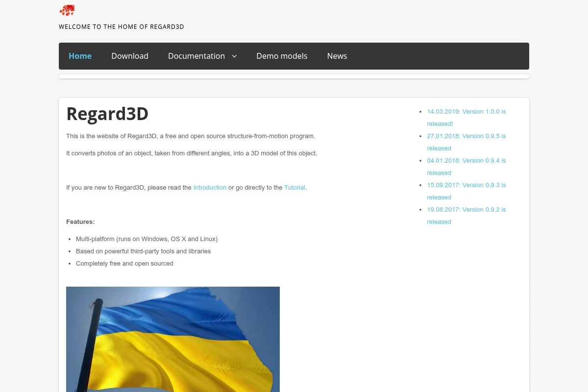 Screenshot of Regard3D homepage