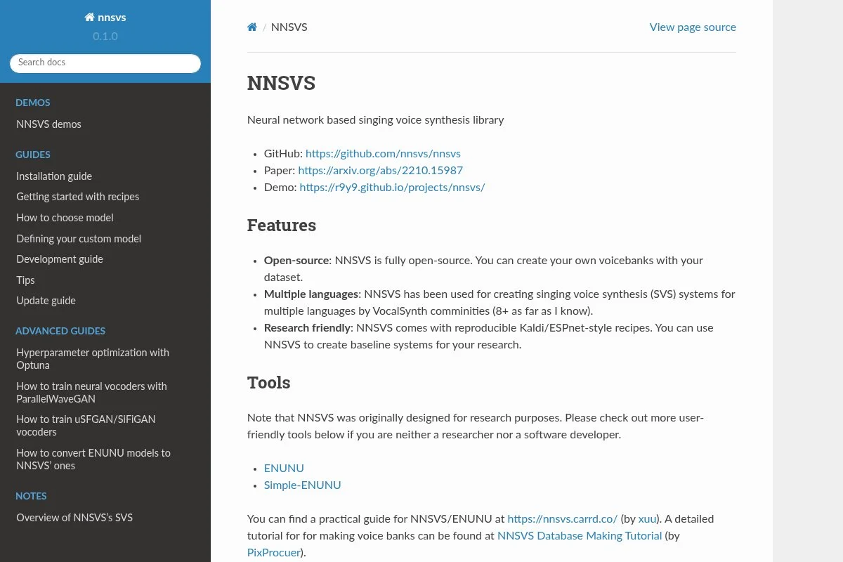 Screenshot of NNSVS + ENUNU homepage