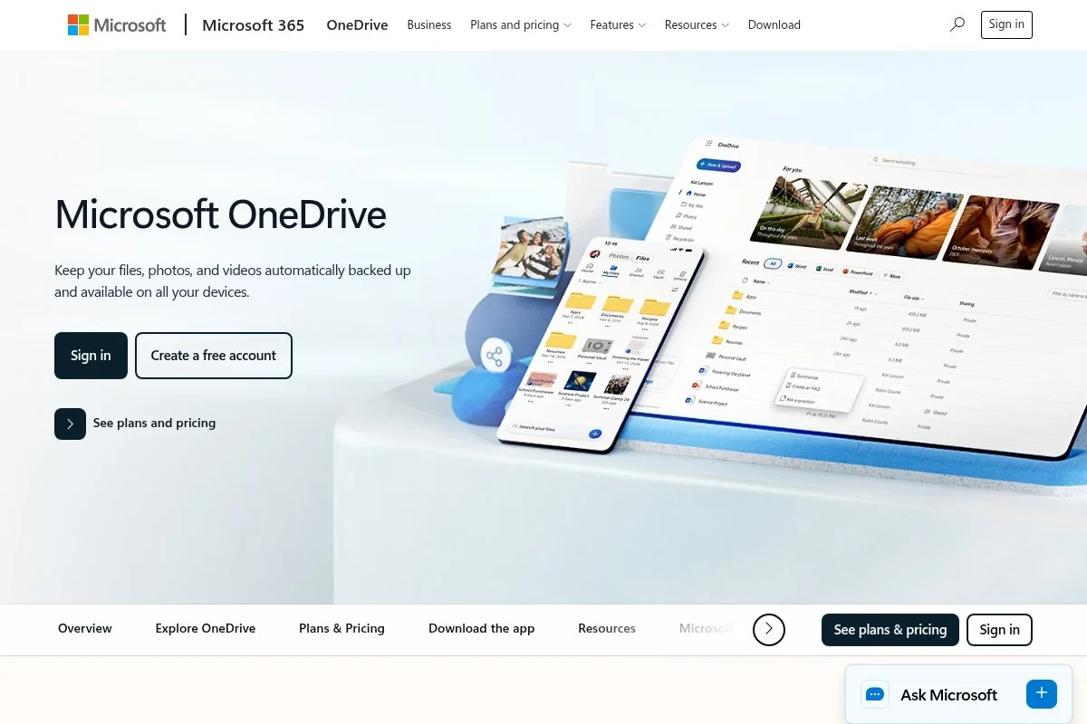 Screenshot of Microsoft OneDrive homepage
