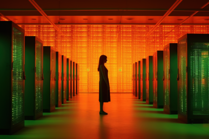 ai generated, linked data, data center, futuristic, data, glowing, servers, woman, silhouette, data centre, data processing, artificial intelligence, cyberpunk, industrial, dystopian, data center, data center, data center, data center, data center, data