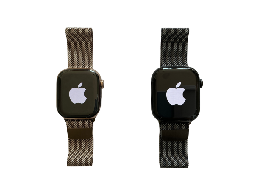 Two Apple Watch Series 10 models with milanese loop bands