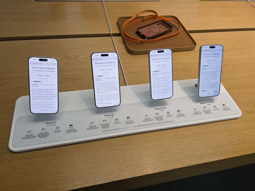 iPhone 17, iPhone Air, iPhone 17 Pro and iPhone 17 Pro Max on a display table in an Apple Store