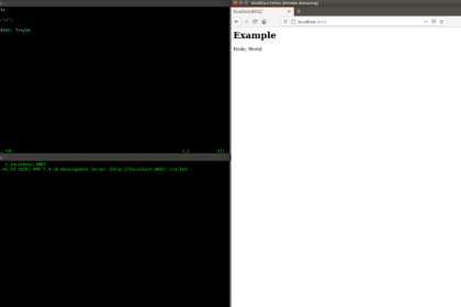 Screenshot of a simple PHP "Hello World" script in a text editor beside a browser window showing its output