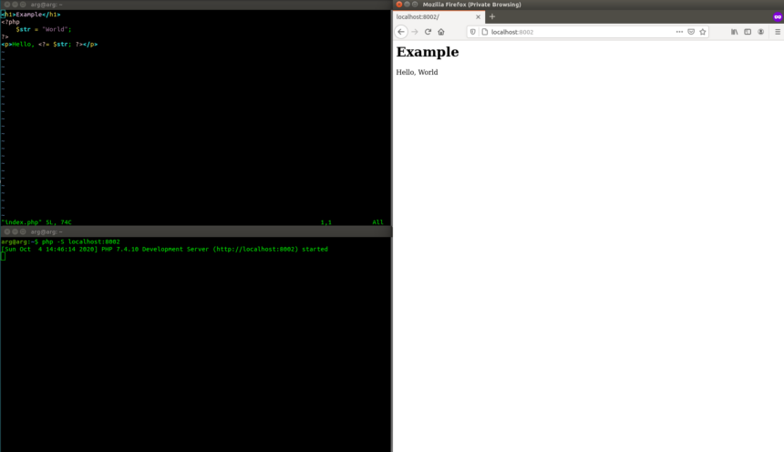 Screenshot of a simple PHP "Hello World" script in a text editor beside a browser window showing its output