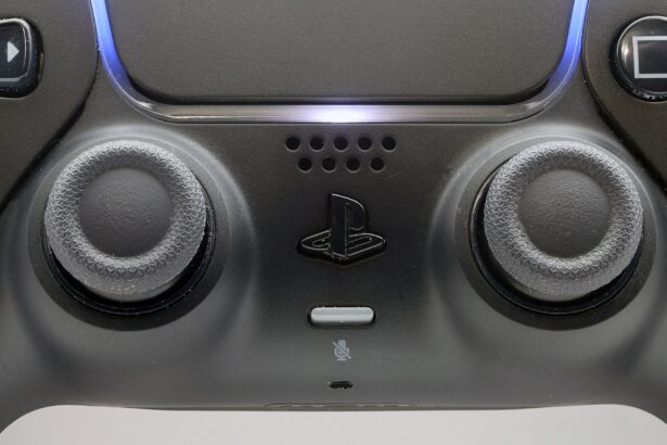 Close-up of the joysticks on a black PlayStation 5 DualSense controller