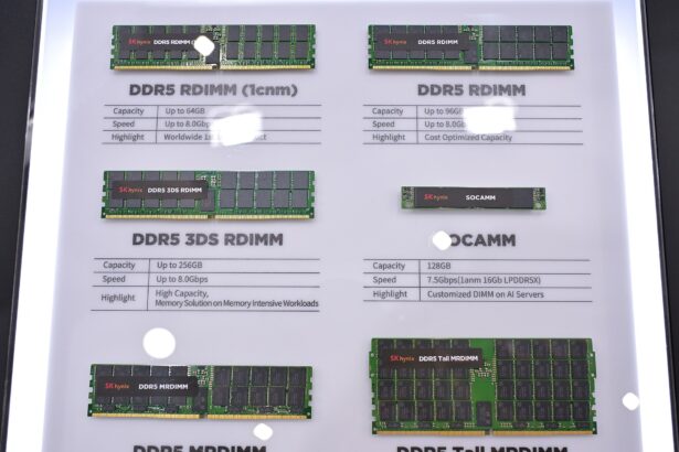 SK Hynix DDR5 and LPDDR5X memory modules on display, including a 128GB module for AI servers